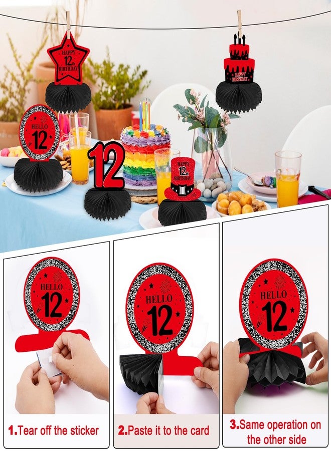 Coosilion 12th Birthday Decorations for Girls Boys Red Black, 12 Year Old Boy Girl Birthday Decorations with Happy Birthday Banner Backdrop 12 Balloon Number Honeycomb Centerpieces Tablecloth Party Supplies - Image 4